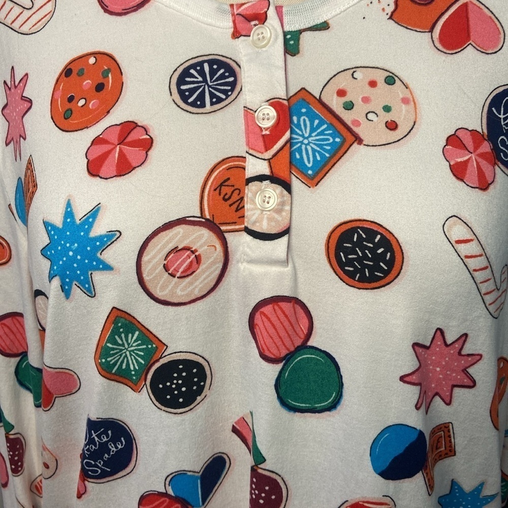 Kate Spade Pajama Top Shirt Holiday Christmas Print Long Sleeve White Blue Pink - Picture 3 of 7